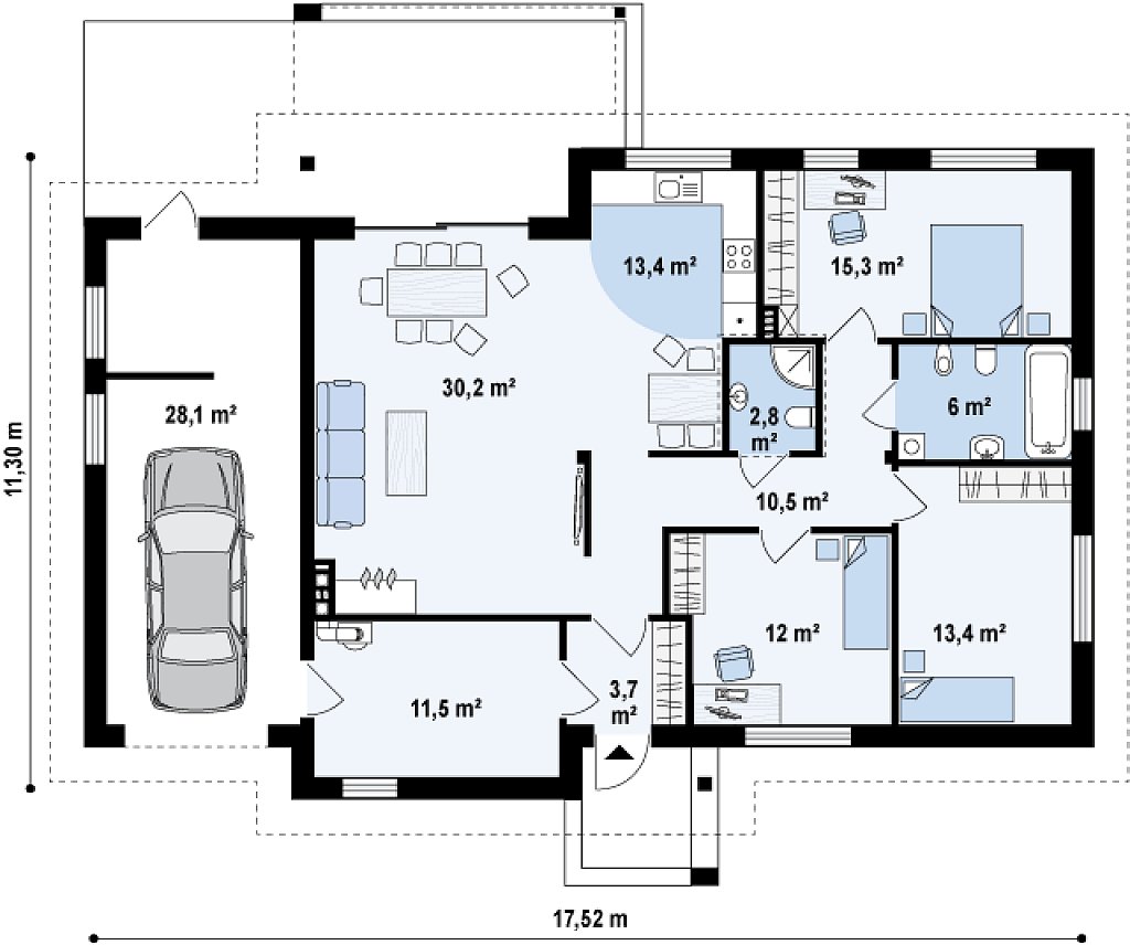 планировка дома с гаражом на 3 комнаты